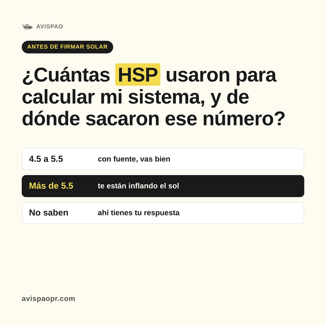 Tarjeta: ¿Cuántas HSP usaron para calcular mi sistema y de dónde sacaron ese número? Entre 4.5 y 5.5 vas bien, más de 5.5 te están inflando el sol.