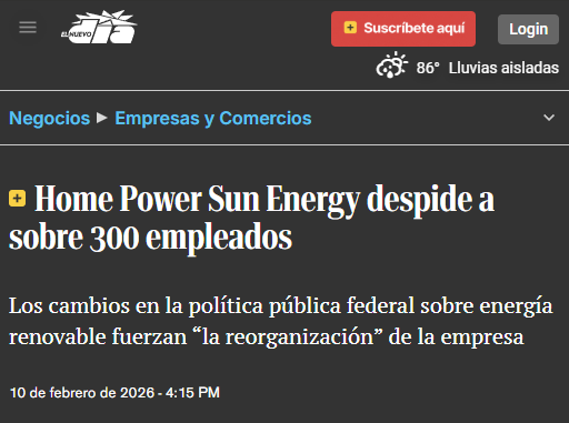 Captura: El Nuevo Día confirma 325 empleados despedidos en Home Power Sun Energy, 10 de febrero de 2026