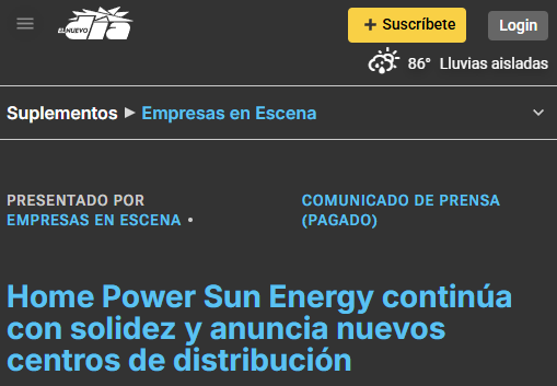 Captura: Home Power Sun Energy anuncia $8 millones en tres centros de distribución, marcado como comunicado de prensa pagado