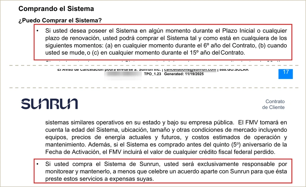 Cláusula Comprando el Sistema del contrato de Sunrun: describe la opción de compra del sistema al valor justo de mercado después del periodo inicial.