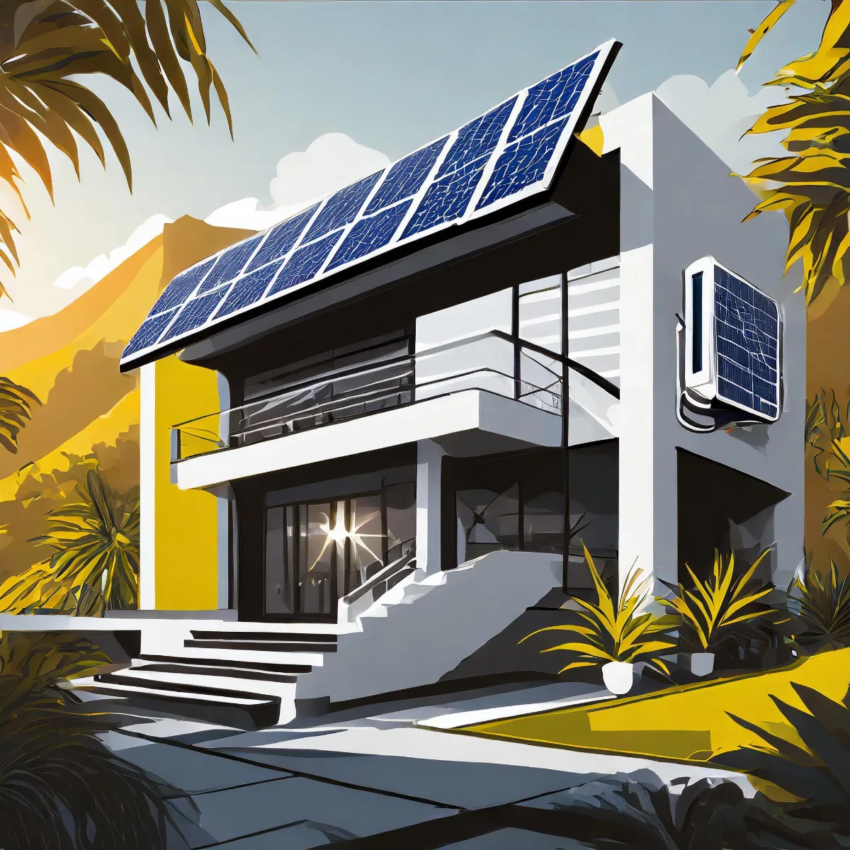 Ilustración de una casa moderna con paneles solares en el techo